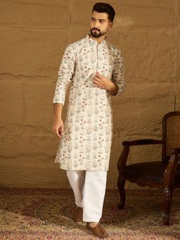 ETHNIC BAY - Men's Off White Viscose Rayon Floral Printed Straight Kurta