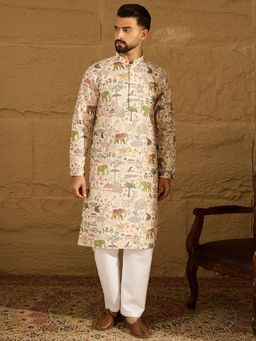 ETHNIC BAY - Men's Cream Viscose Rayon Ethnic Motifs Printed Straight Kurta