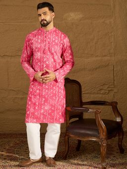 ETHNIC BAY - Men's Pink Cotton Batik Embroidered Straight Kurta