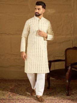 ETHNIC BAY - Men's Off White Cotton Straight Kurta