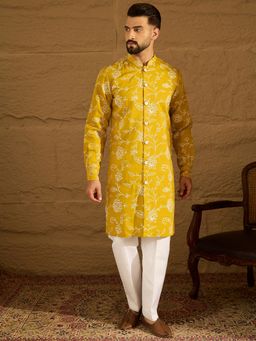 ETHNIC BAY - Men's Yellow Viscose Rayon Floral Embroidered Straight Kurta