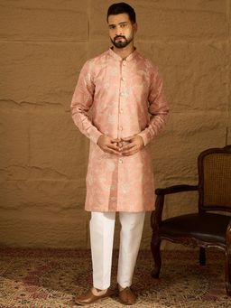 ETHNIC BAY - Men's Peach Viscose Rayon Floral Embroidered Straight Kurta