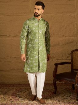 ETHNIC BAY - Men's Green Viscose Rayon Floral Embroidered Straight Kurta
