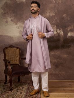 ETHNIC BAY - Men's Lavender Silk Blend Embellished Straight Kurta with Dupatta