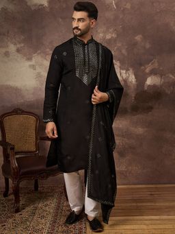 ETHNIC BAY - Men's Black Silk Blend Embellished Straight Kurta with Dupatta