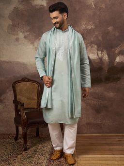 ETHNIC BAY - Men's Blue Silk Blend Embellished Straight Kurta with Dupatta
