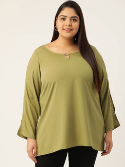 theRebelinme - Women's Olive Green Solid Color Keyhole Neck Top