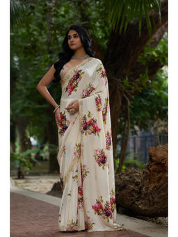 Aparnaa - Off White Flower Printed Crepe Hand Embroidered Saree with Unstitched Blouse