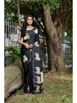 Aparnaa - Black Tussar Cow Design Embroidery Saree with Unstitched Blouse