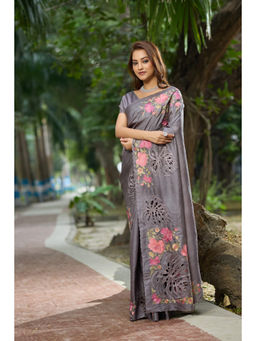 Aparnaa - Grey Tussar Cutwork and Hand Embroidery Saree with Unstitched Blouse