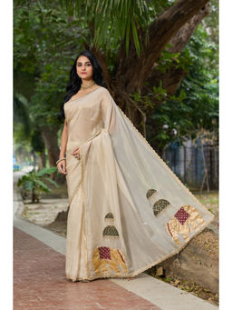 Aparnaa - Tissue Hand Embroidered Elephant Design Pallu Saree with Unstitched Blouse