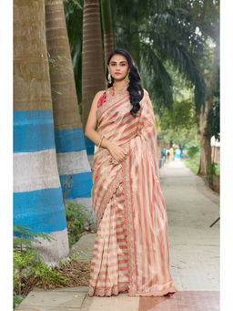 Aparnaa - Hand Embroidered Stripe Pattern Tissue Saree with Unstitched Blouse