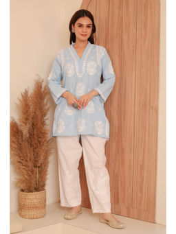 HOUSE OF KARI - Saba Chikankari In Slob Cotton Powder Blue Short Kurti