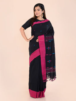 ArtEastri - Black Magenta Jamdani Cotton Saree with Unstitched Blouse