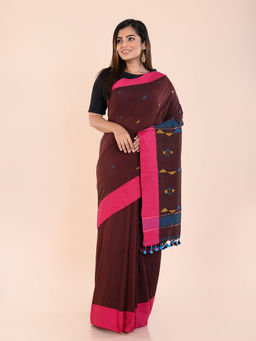 ArtEastri - Brown Magenta Jamdani Cotton Saree with Unstitched Blouse