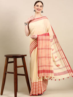 ArtEastri - Cream Red Cotton Jamdani Saree