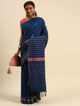 ArtEastri - Blue Cotton Kantha Saree with Unstitched Blouse