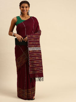 ArtEastri - Maroon Cotton Kantha Saree with Unstitched Blouse