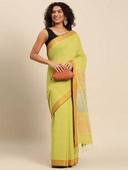 ArtEastri - Lime Green Cotton Saree with Unstitched Blouse