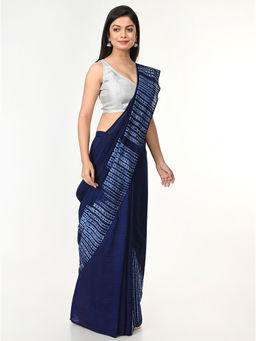 ArtEastri - Navy Blue Handloom Woven Silk Cotton Shibori Saree with Unstitched Blouse
