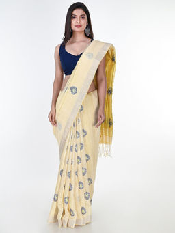 ArtEastri - Cream Yellow Handloom Silk Jamdani Saree with Unstitched Blouse