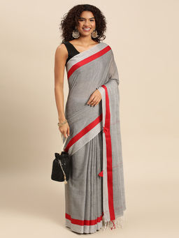 ArtEastri - Grey Cotton Solid Saree with Unstitched Blouse