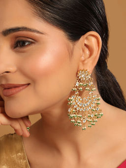 Nuyug - 22K Gold-Plated Kundan Pearl Studded Crescent Shaped Green Beads Chandbalis