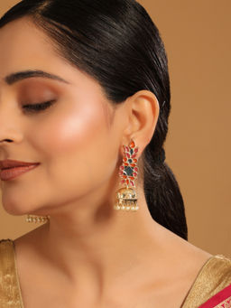 Nuyug - Orange 22K Gold-Plated Enamel Beaded Dome Shaped Jhumka Earrings