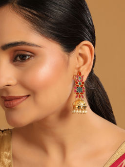 Nuyug - Red 22K Gold-Plated Enamel Beaded Dome Shaped Jhumka Earrings