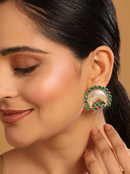 Nuyug - 22K Gold Plated Faux Emerald Stone Studded Contemporary Shaped Studs