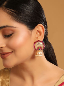 Nuyug - 22K Gold Plated Ruby Pearl Studded Dome Shaped Jhumkas