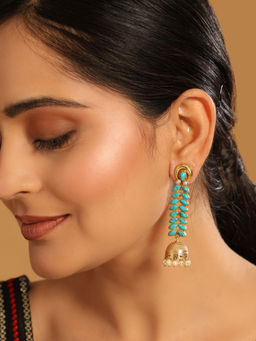 Nuyug - Turquoise 22K Gold-Plated Onyx Pearl Studded Dome Shaped Jhumkas