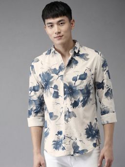 Bene Kleed - Men Floral Printed Regular Fit Linen Casual Off White Shirt