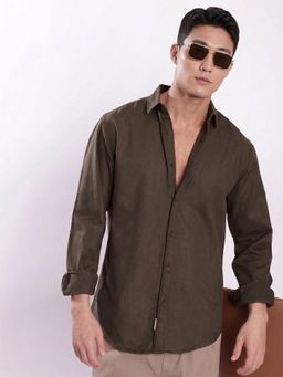 Bene Kleed - Men Spread Collar Cotton Linen Regular Fit Casual Brown Shirt