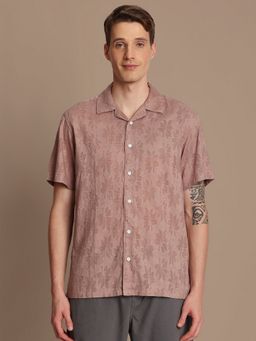 Bene Kleed - Men Floral Semi Sheer Relaxed Fit Casual Peach Shirt