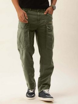 Bene Kleed - Men Olive Relaxed Mid-Rise Plain Pure Cotton Cargo