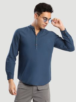 Bene Kleed - Men Slim Fit Solid Mandarin Collar Casual Navy Blue Shirt