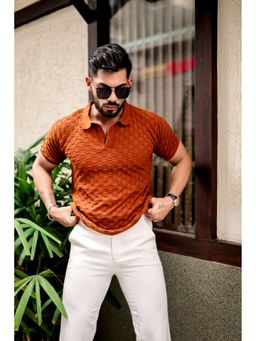 GRITSTONES - Men Orange Textured Flat Knit Polo T-Shirt