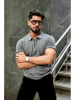 GRITSTONES - Men Grey Premium Flat Knit Polo T-Shirt