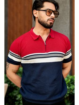 GRITSTONES - Men Red Premium Flat Knit Colorblocked Zipper Polo T-Shirt
