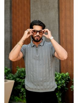 GRITSTONES - Men Grey Premium Flat Knit Zipper Polo T-Shirt