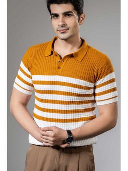 GRITSTONES - Men Mustard Striper Premium Flat Knit Polo T-Shirt