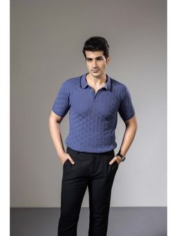 GRITSTONES - Men Navy Blue Embedded Textured Flat Knit Premium Polo T-Shirt