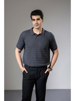 GRITSTONES - Men Grey Textured Premium Flat Knit Polo T-Shirt
