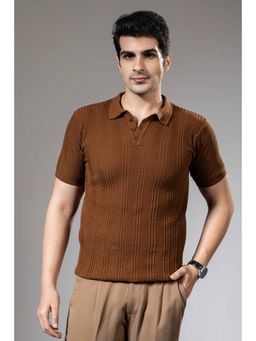 GRITSTONES - Men Embedded Textured Brown Premium Flat Knit Polo T-Shirt
