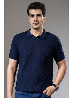 GRITSTONES - Men Navy Blue Embedded Textured Premium Flat Knit Polo T-Shirt
