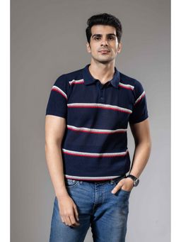 GRITSTONES - Men Navy Blue Striped Premium Flat Knit Polo T-Shirt