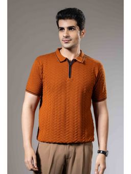 GRITSTONES - Men Orange Textured Premium Flat Knit Polo T-Shirt