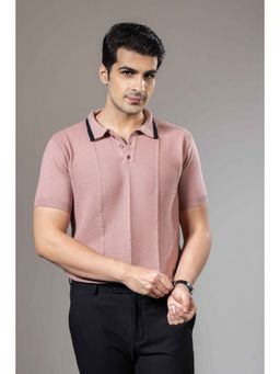 GRITSTONES - Men Pink Embedded Textured Flat Knit Premium Polo T-Shirt