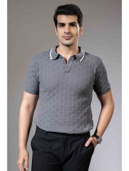 GRITSTONES - Men Grey Embedded Textured Premium Flat Knit Polo T-Shirt